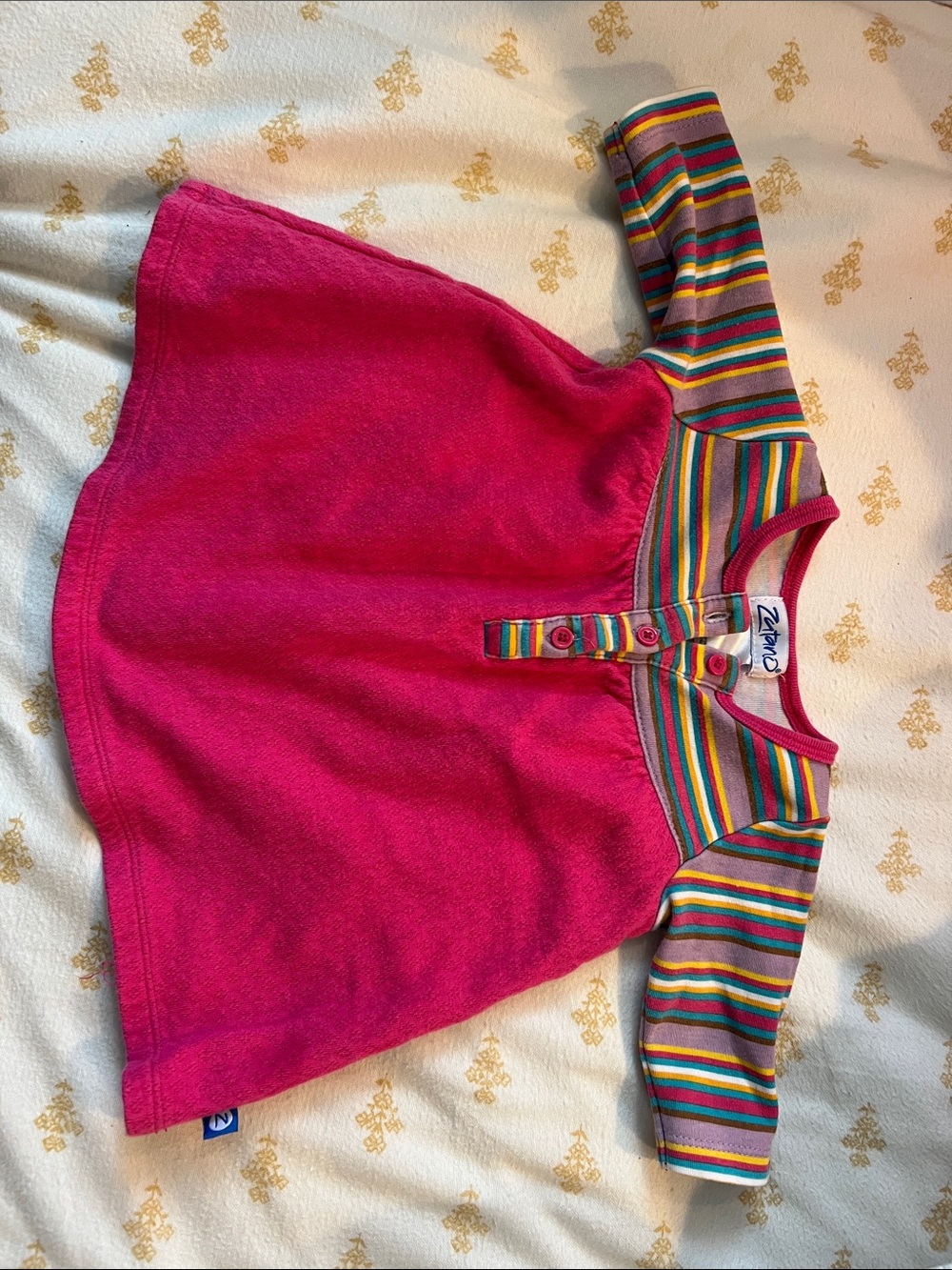 Zutano Hot Pink Dress Top with Multicolor Striped Yoke & Sleeves